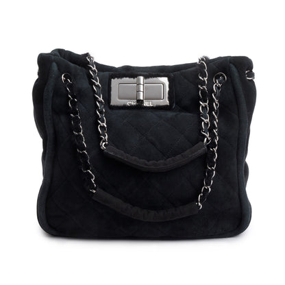 Chanel Black Quilted Nubuck Shearling Medium Reissue Tote