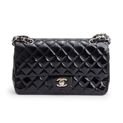 Chanel Black Quilted Patent Leather Classic Medium Double Flap Bag