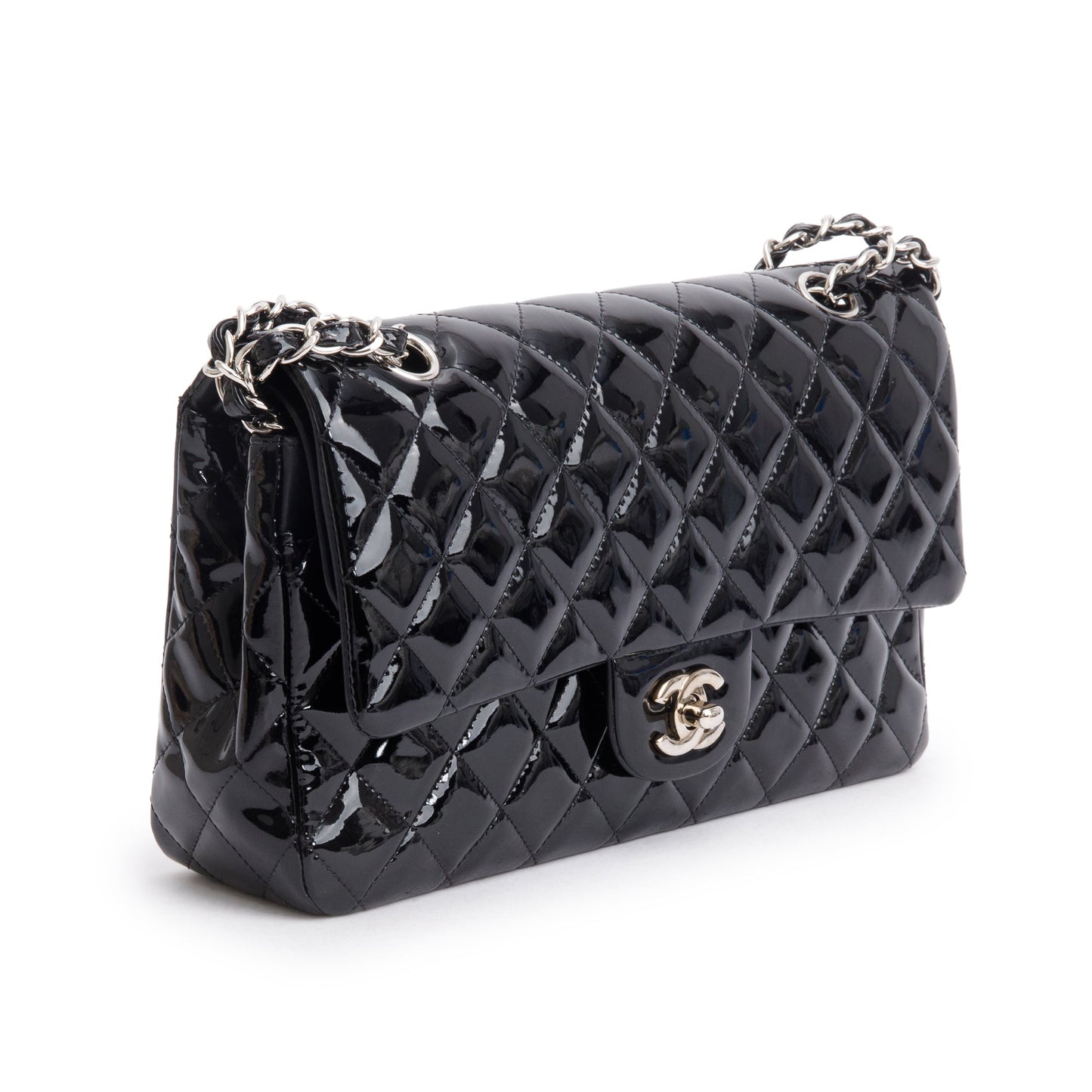 Chanel Black Quilted Patent Leather Classic Medium Double Flap Bag