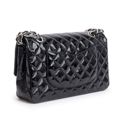 Chanel Black Quilted Patent Leather Classic Medium Double Flap Bag
