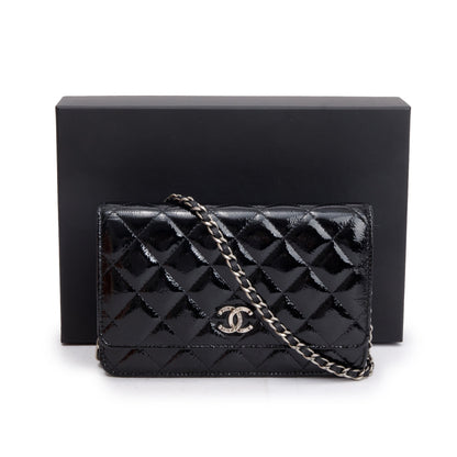 Chanel Black Quilted Patent Leather Classic Wallet on Chain