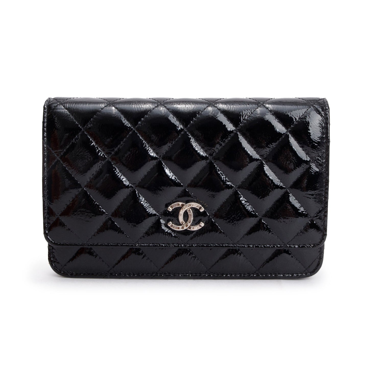 Chanel Black Quilted Patent Leather Classic Wallet on Chain