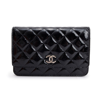Chanel Black Quilted Patent Leather Classic Wallet on Chain