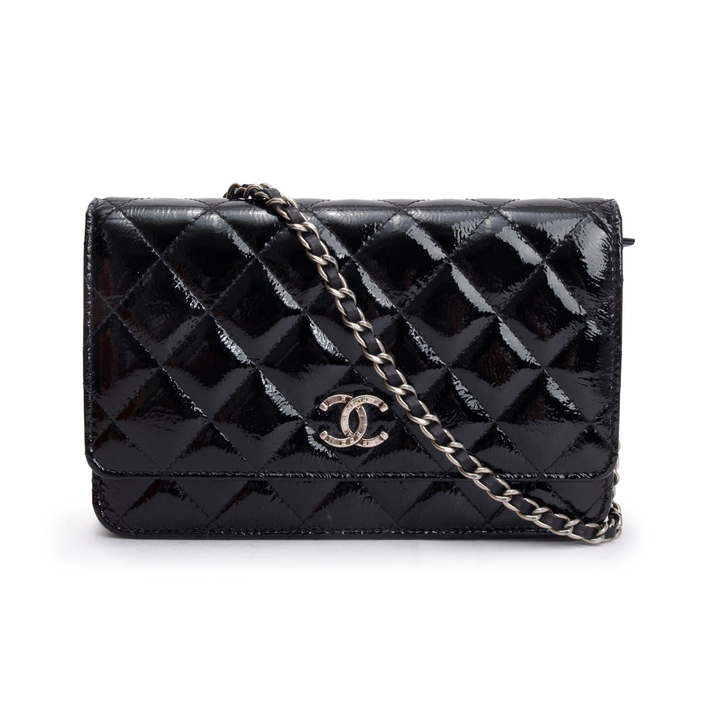 Chanel Black Quilted Patent Leather Classic Wallet on Chain