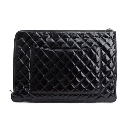 Chanel Black Quilted Patent Leather Laptop Pouch