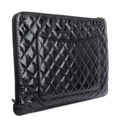 Chanel Black Quilted Patent Leather Laptop Pouch