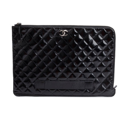 Chanel Black Quilted Patent Leather Laptop Pouch
