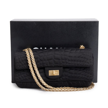 Chanel Black Satin Coco's Croc 2.55 Reissue East/West Double Flap Bag