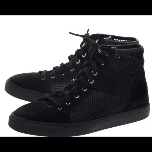 CHANEL SUEDE MESH HIGH-TOP LACE UP SNEAKERS