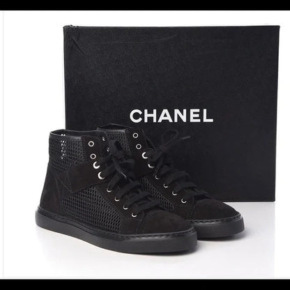 CHANEL SUEDE MESH HIGH-TOP LACE UP SNEAKERS