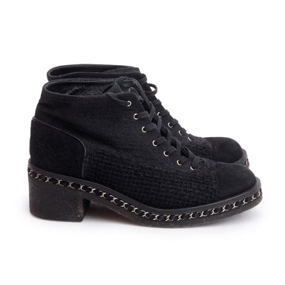 Chanel Black Suede Tweed Interlocking CC Logo Combat Boots, Size 42