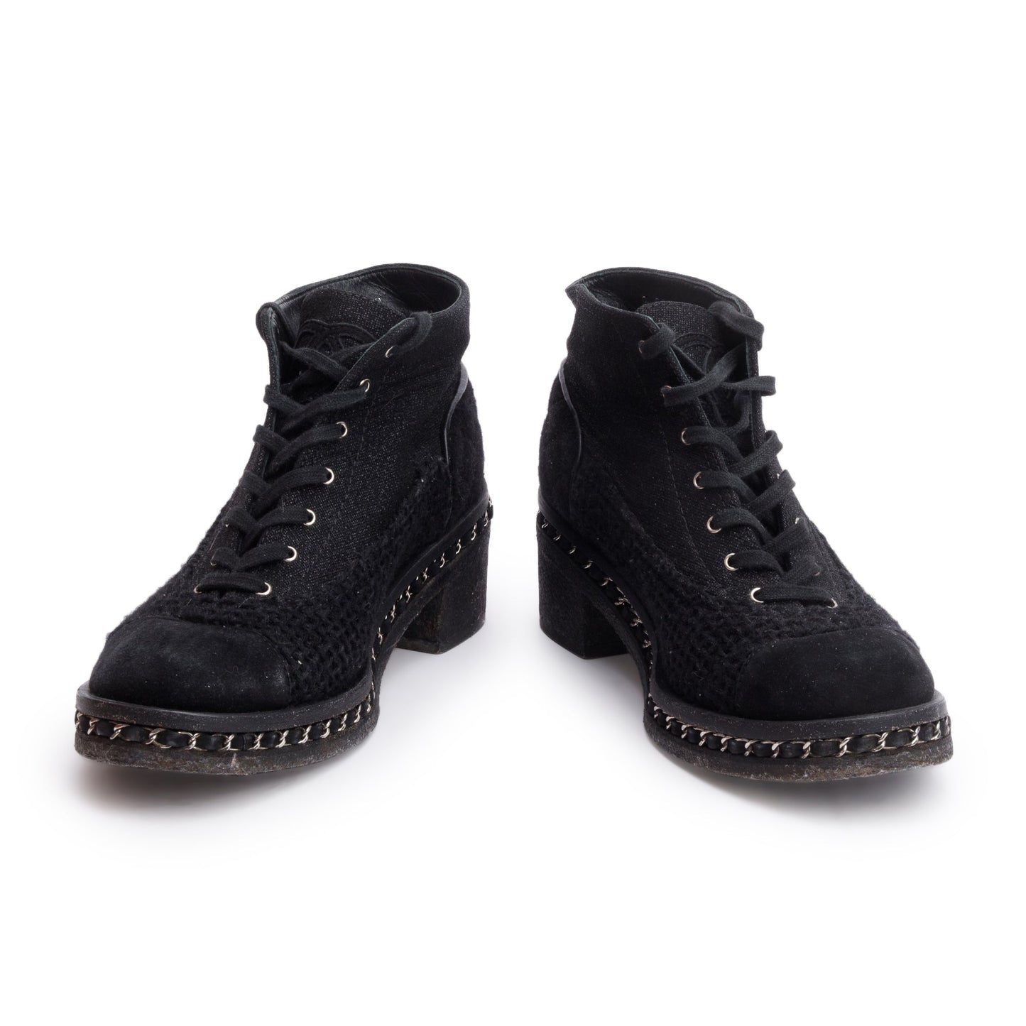 Chanel Black Suede Tweed Interlocking CC Logo Combat Boots, Size 42