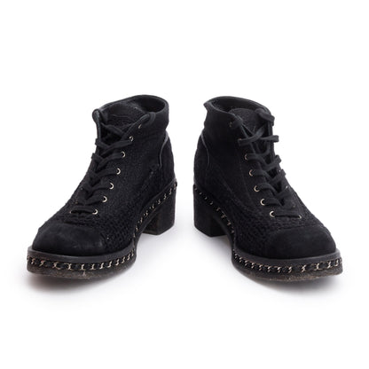 Chanel Black Suede Tweed Interlocking CC Logo Combat Boots, Size 42