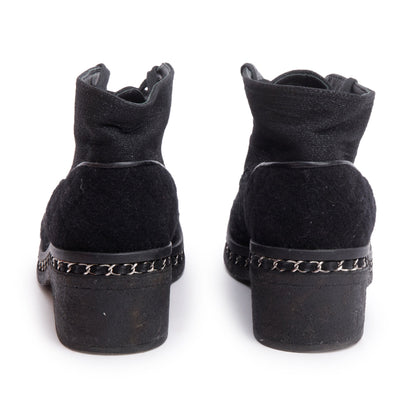 Chanel Black Suede Tweed Interlocking CC Logo Combat Boots, Size 42
