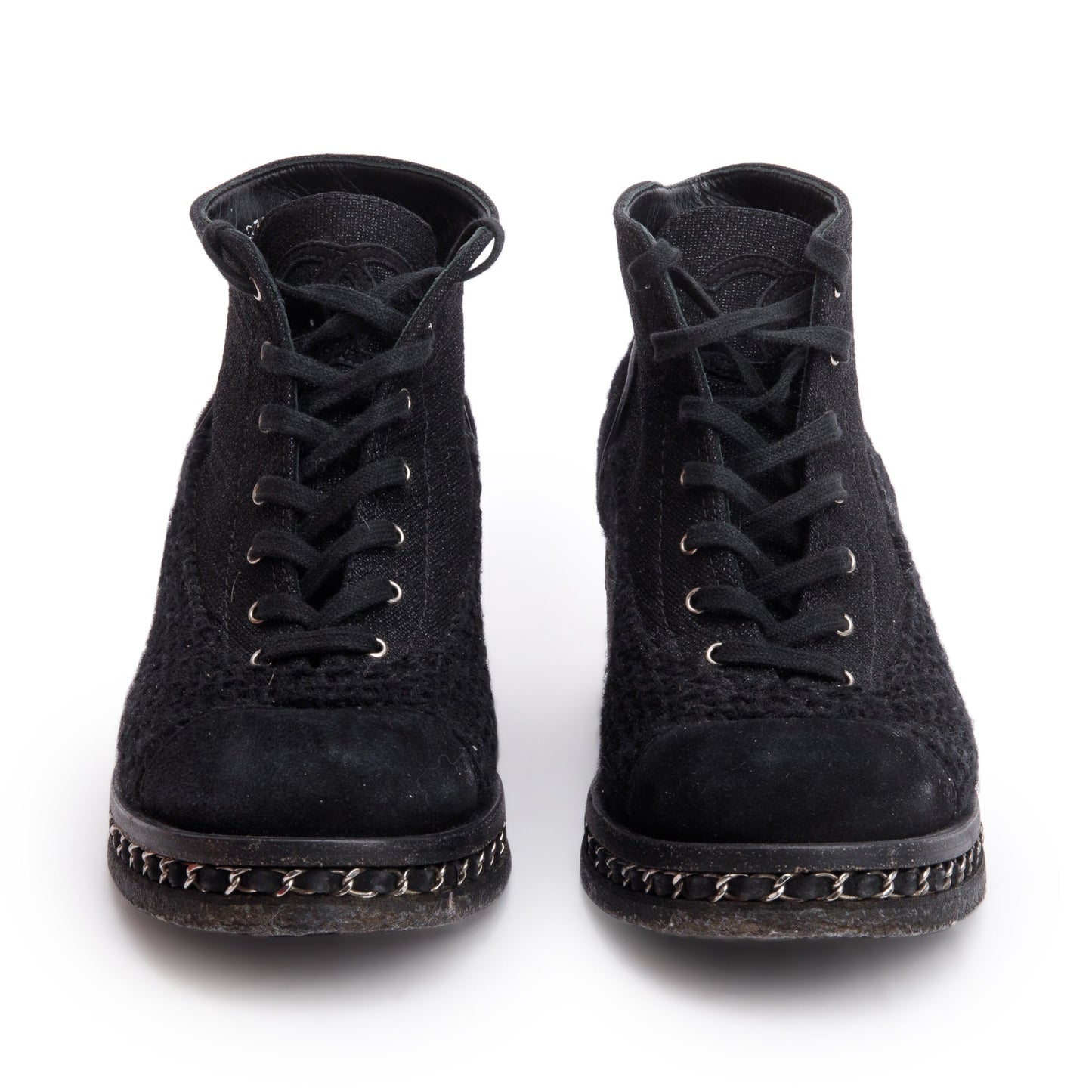 Chanel Black Suede Tweed Interlocking CC Logo Combat Boots, Size 42