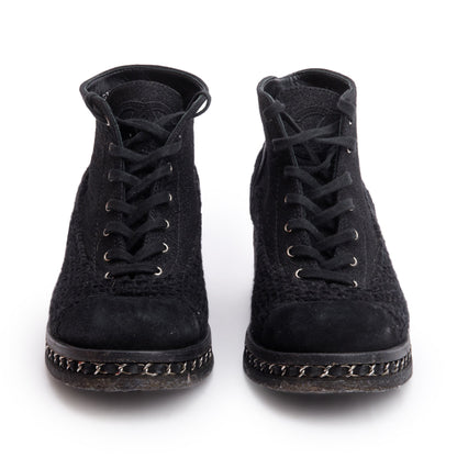 Chanel Black Suede Tweed Interlocking CC Logo Combat Boots, Size 42