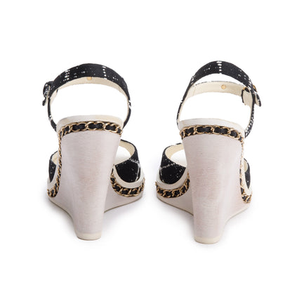 Chanel Black Tweed CC chain Around Slingback Wedge Sandals, Size 36.5