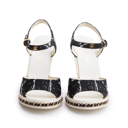 Chanel Black Tweed CC chain Around Slingback Wedge Sandals, Size 36.5