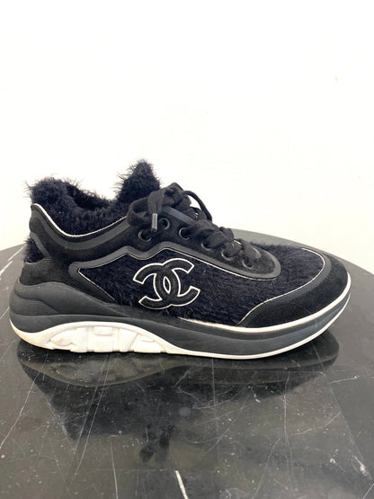 CHANEL TWEED & SUEDE CC LACE UP SNEAKERS