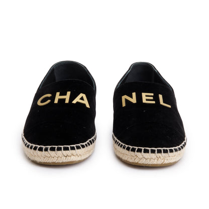 Chanel Black Velvet Graphic Logo Espadrilles, Size 38