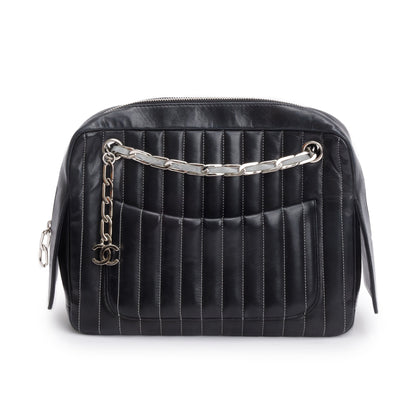 Chanel Black Vertical Quilt Lambskin Leather Mademoiselle Bowling Bag