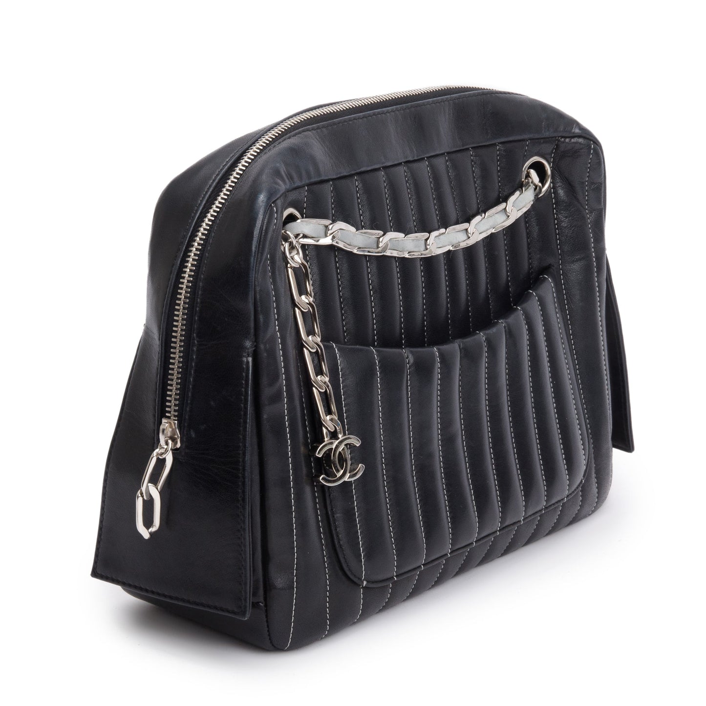 Chanel Black Vertical Quilt Lambskin Leather Mademoiselle Bowling Bag