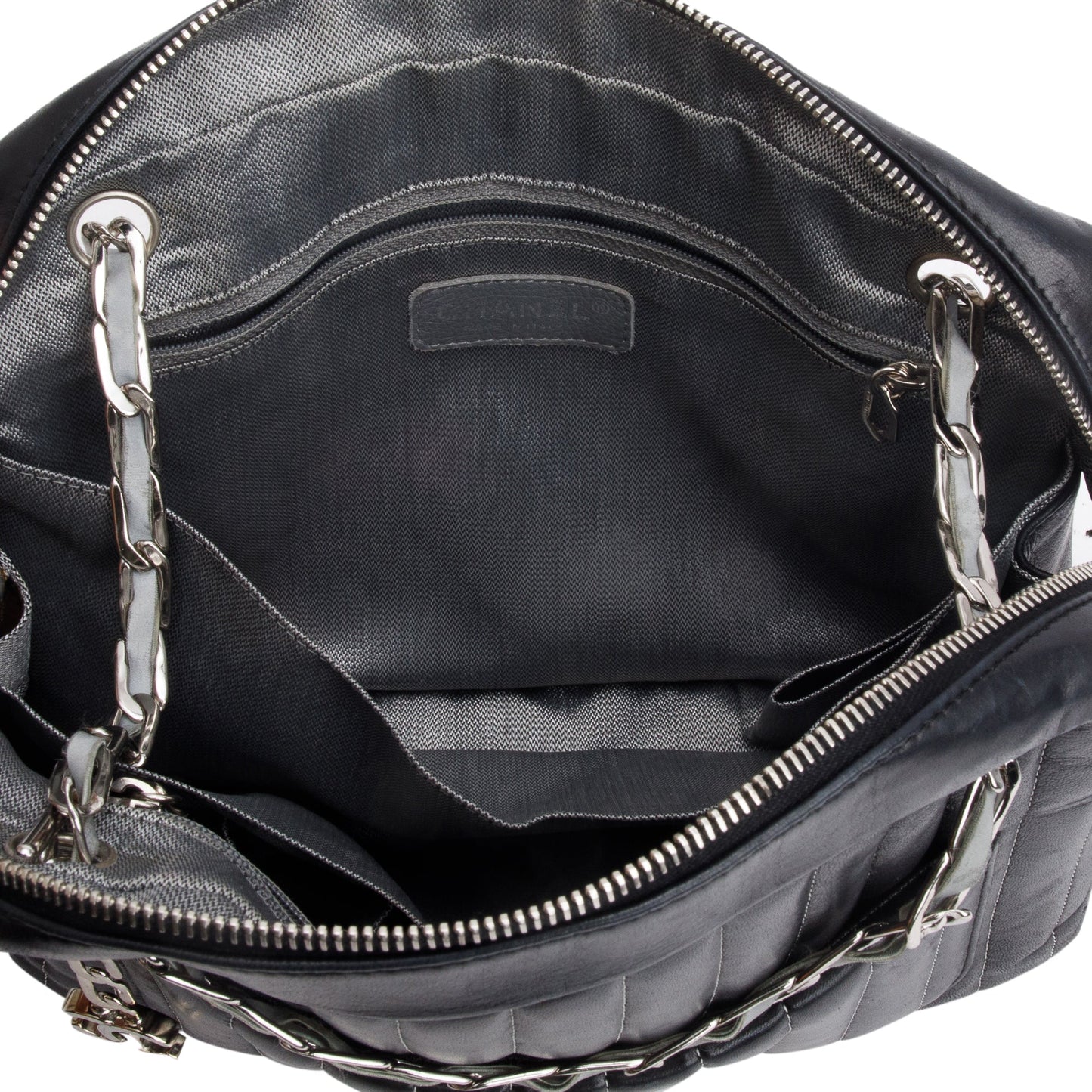 Chanel Black Vertical Quilt Lambskin Leather Mademoiselle Bowling Bag