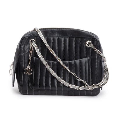 Chanel Black Vertical Quilt Lambskin Leather Mademoiselle Bowling Bag
