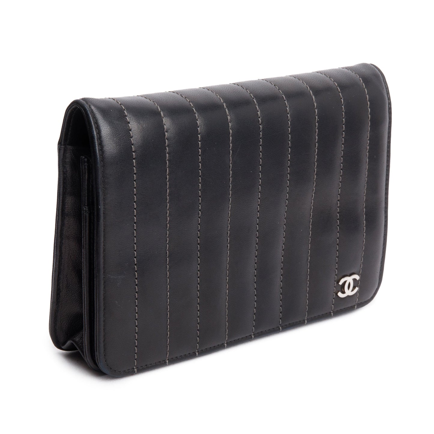 Chanel Black Vertical Quilted Lambskin Leather Wallet on Chain