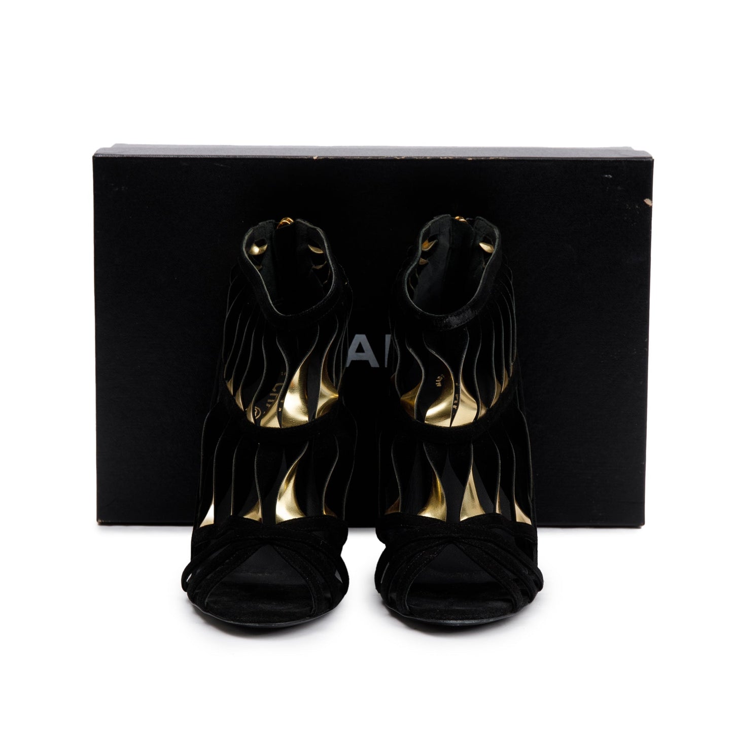 Chanel Black/Gold Suede Leather CC Strappy Wedge Sandals, Size 39