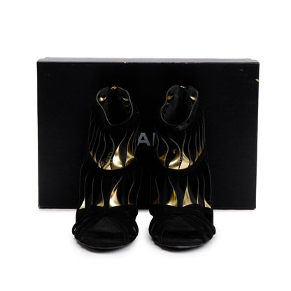 Chanel Black/Gold Suede Leather CC Strappy Wedge Sandals, Size 39