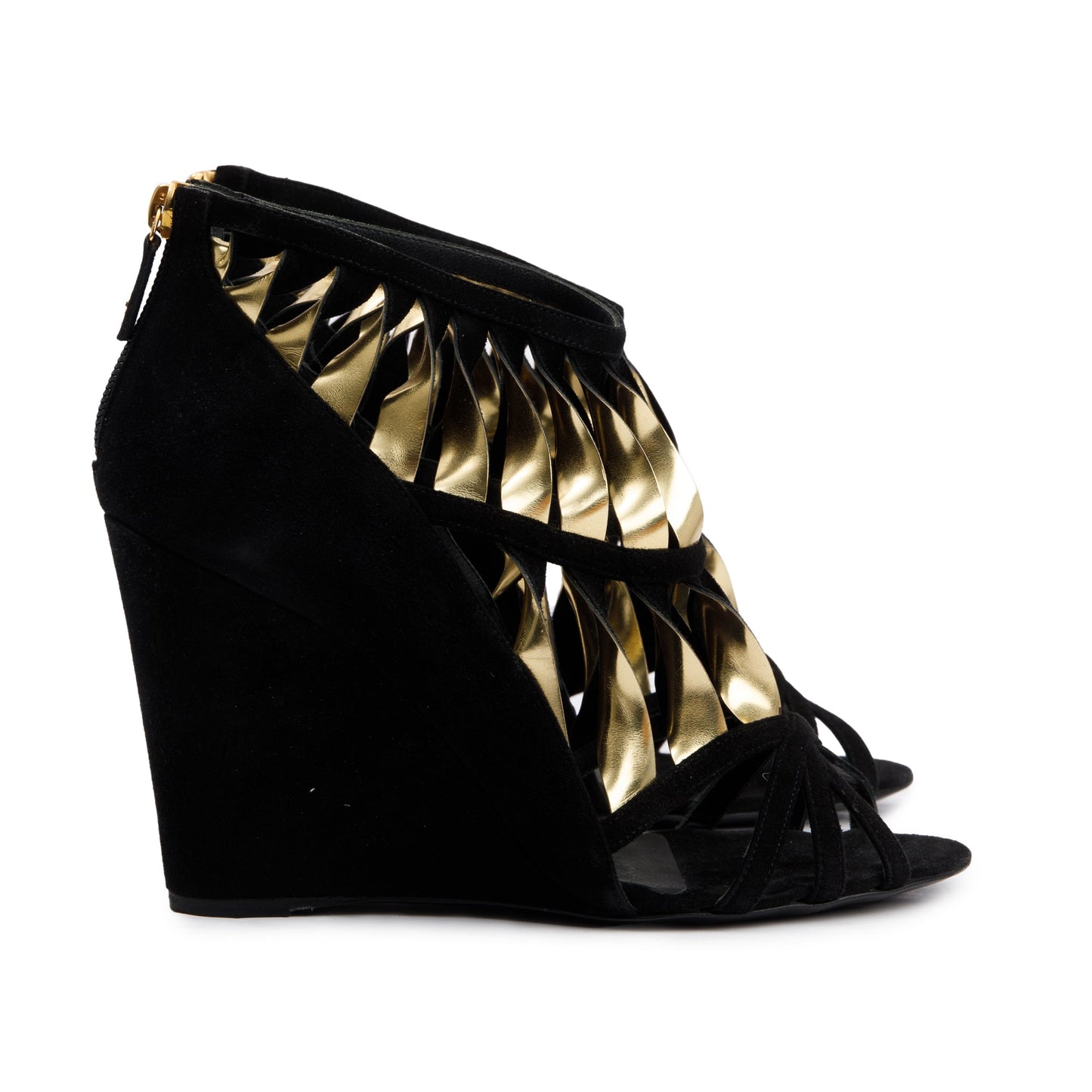 Chanel Black/Gold Suede Leather CC Strappy Wedge Sandals, Size 39
