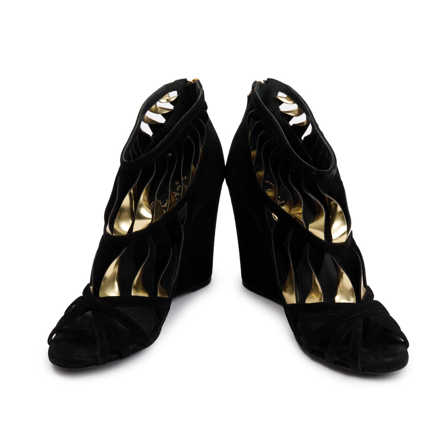 Chanel Black/Gold Suede Leather CC Strappy Wedge Sandals, Size 39