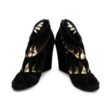 Chanel Black/Gold Suede Leather CC Strappy Wedge Sandals, Size 39