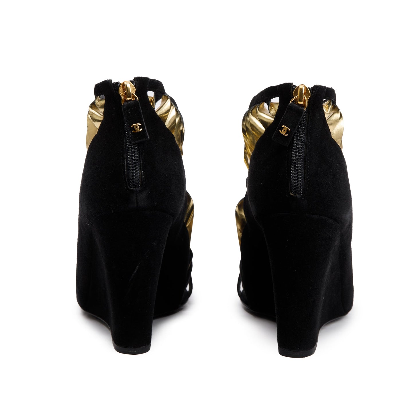 Chanel Black/Gold Suede Leather CC Strappy Wedge Sandals, Size 39