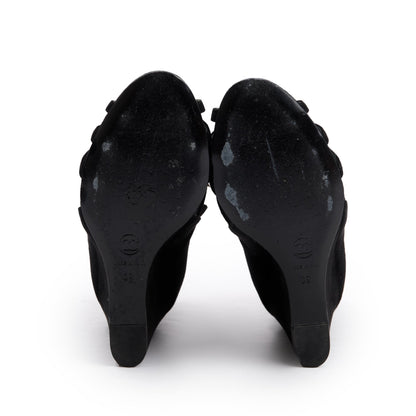 Chanel Black/Gold Suede Leather CC Strappy Wedge Sandals, Size 39