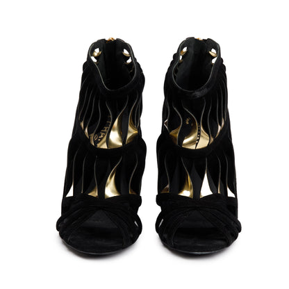 Chanel Black/Gold Suede Leather CC Strappy Wedge Sandals, Size 39