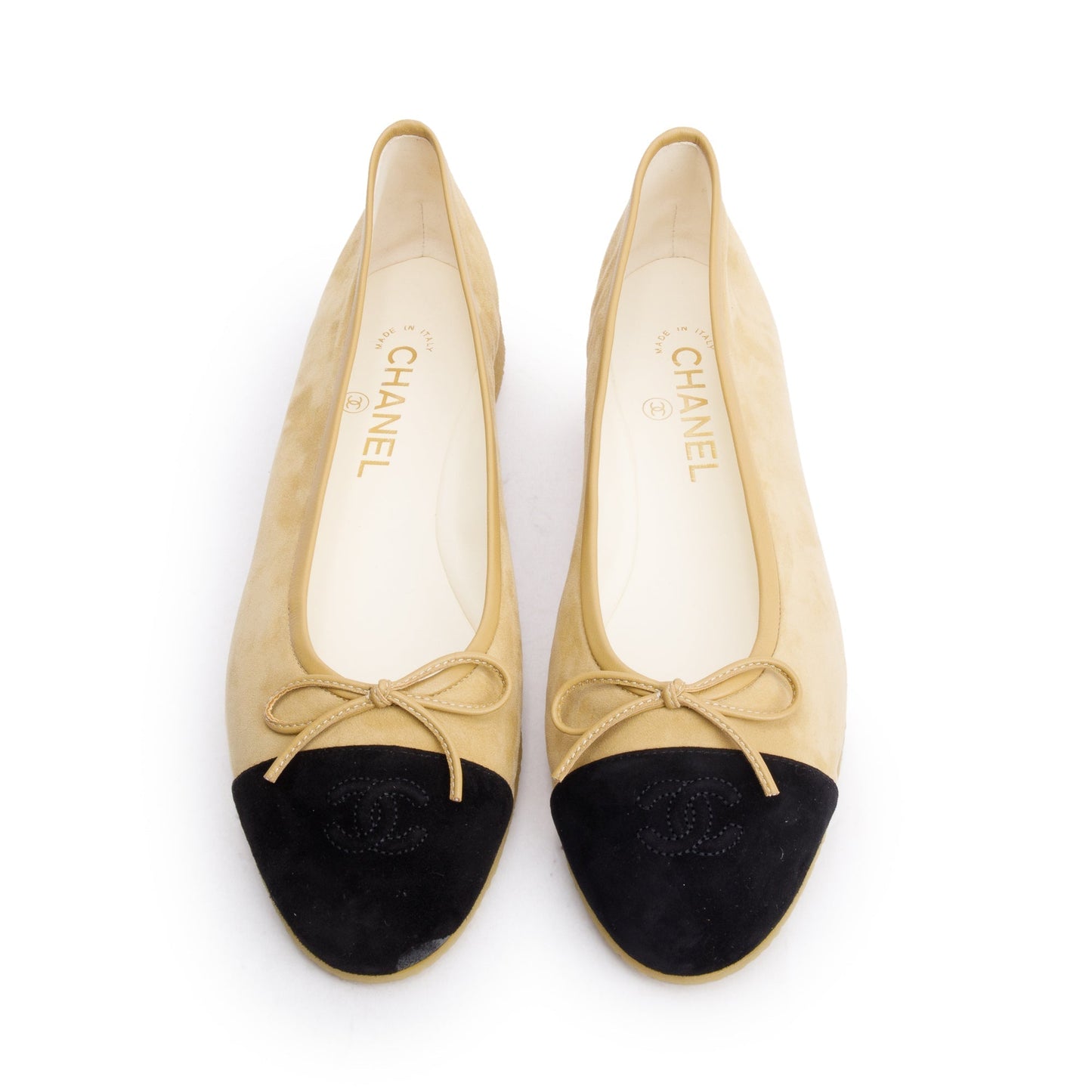 Chanel Black/Yellow Suede Kidskin Interlocking CC Logo Bow Flats, Size 40