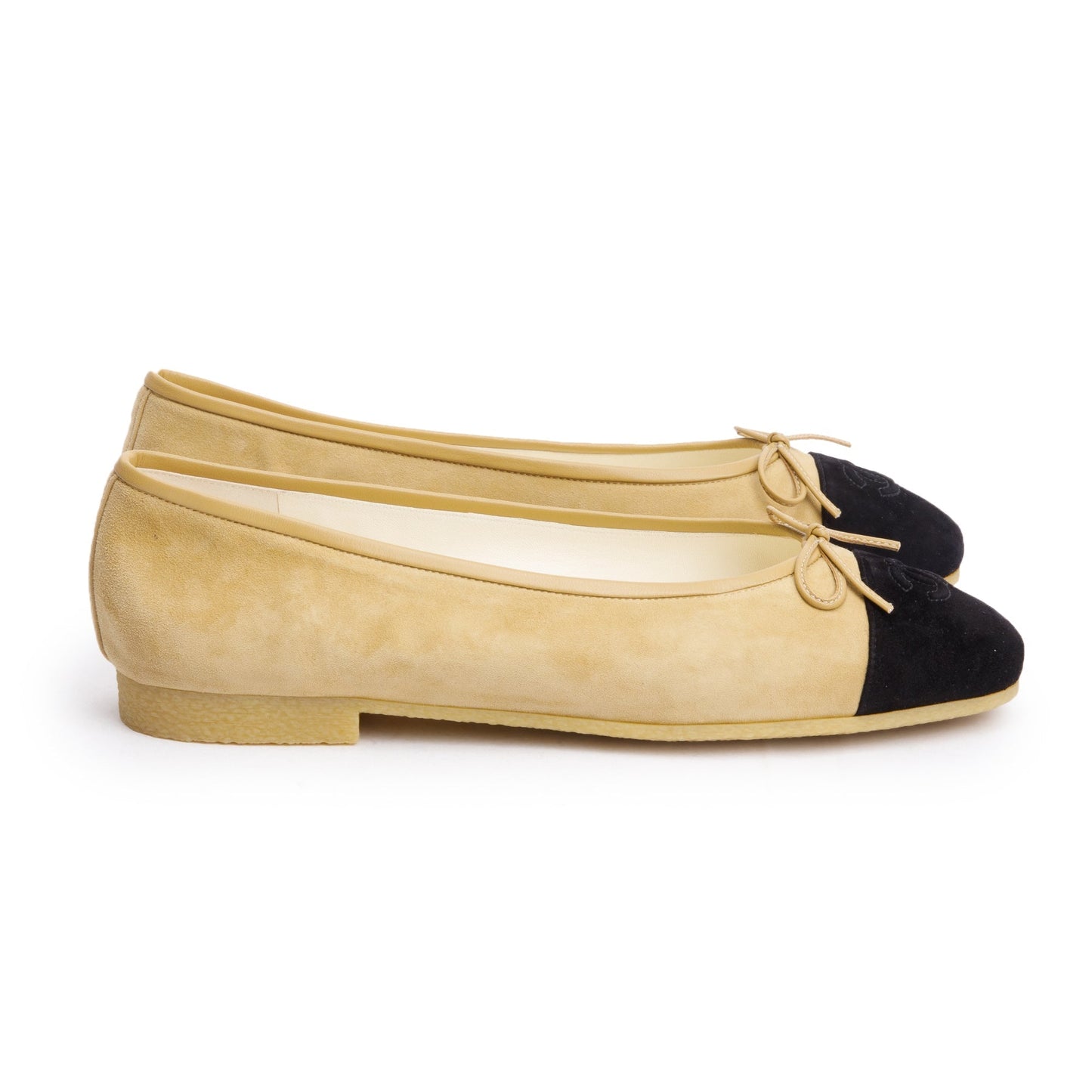 Chanel Black/Yellow Suede Kidskin Interlocking CC Logo Bow Flats, Size 40