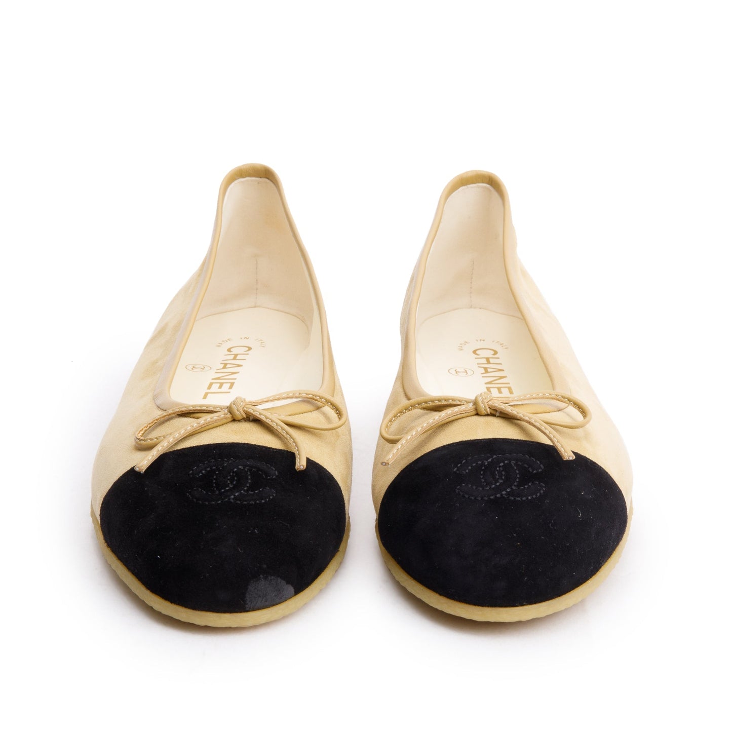 Chanel Black/Yellow Suede Kidskin Interlocking CC Logo Bow Flats, Size 40