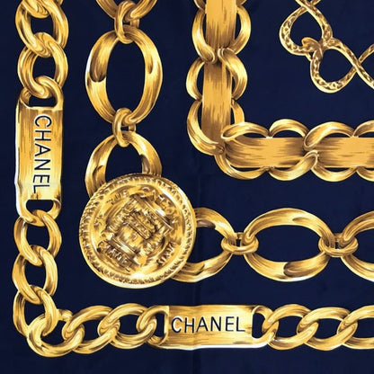 CHANEL SILK SCARF BLUE GOLD CHAIN LINKS