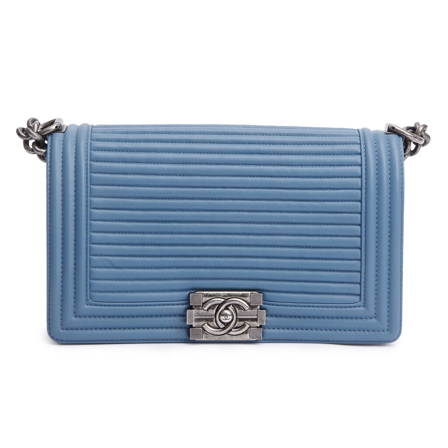 Chanel Blue Horizontal Quilted Lambskin Leather Medium Boy Bag