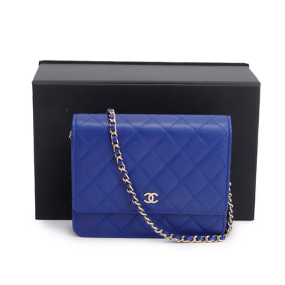 Chanel Blue Lambskin Quilted Square Wallet on Chain