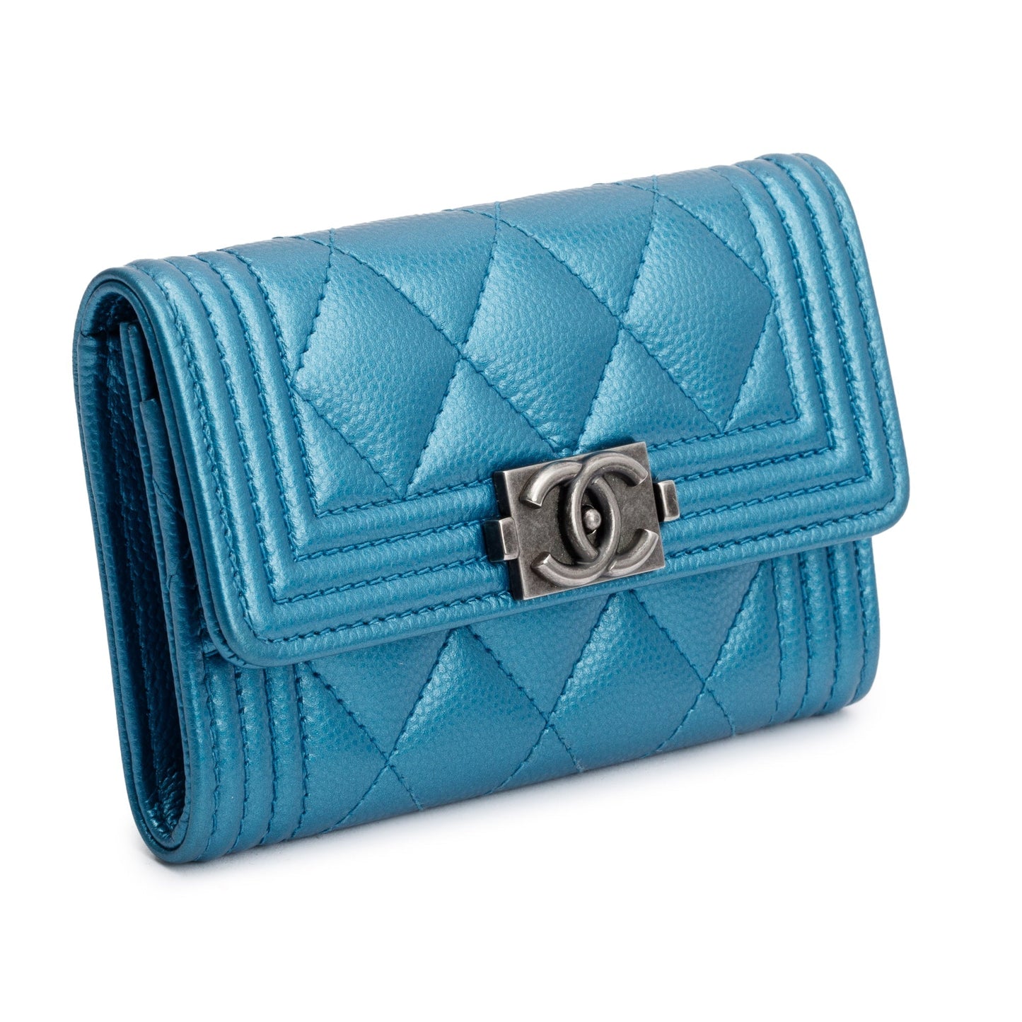 Chanel Blue Metallic Caviar Boy Flap Card Holder