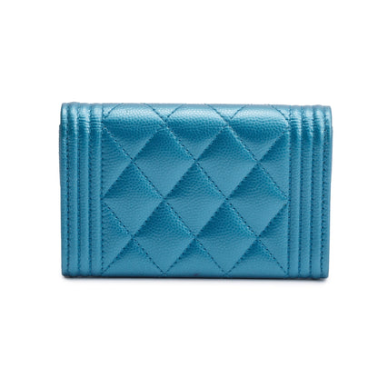Chanel Blue Metallic Caviar Boy Flap Card Holder
