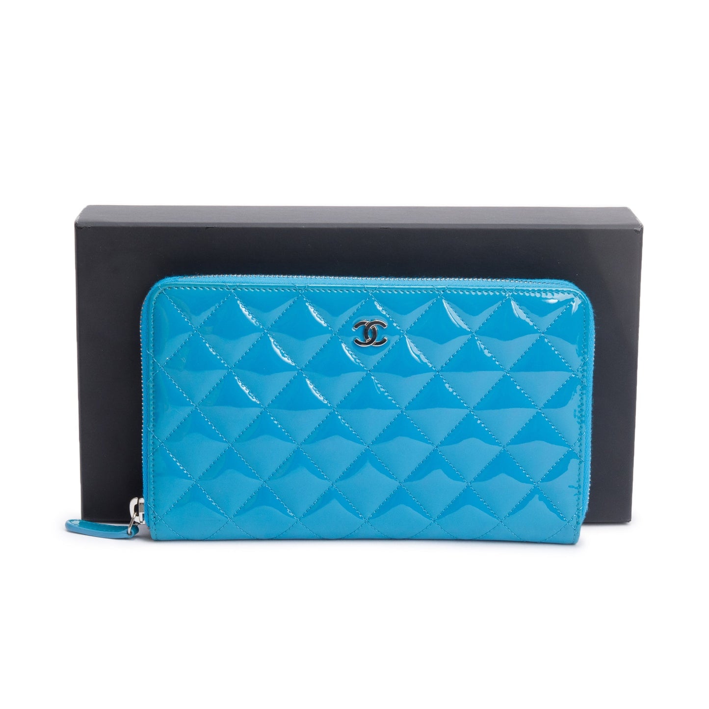 Chanel Blue Patent Leather Large Zip Around Organizer Wallet