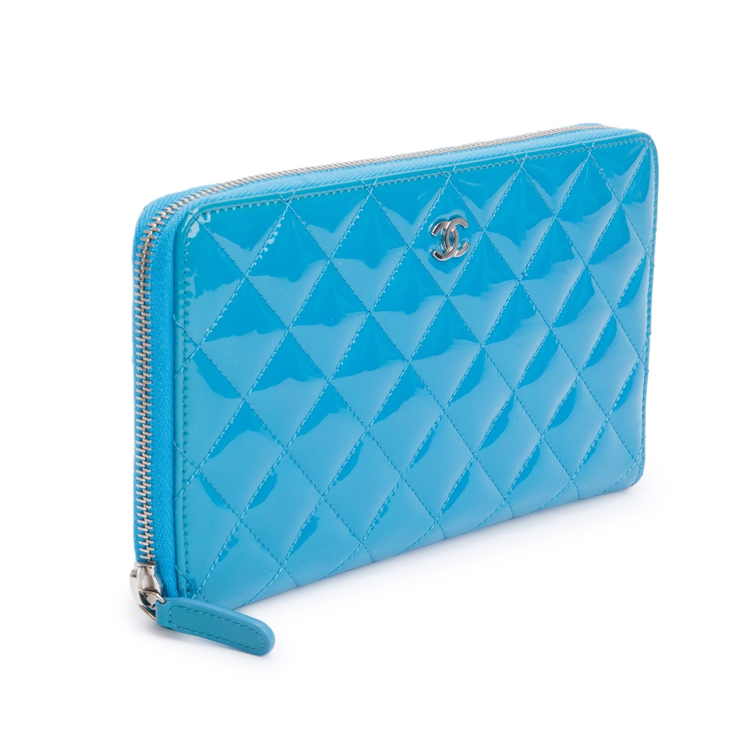 Chanel Blue Patent Leather Large Zip Around Organizer Wallet