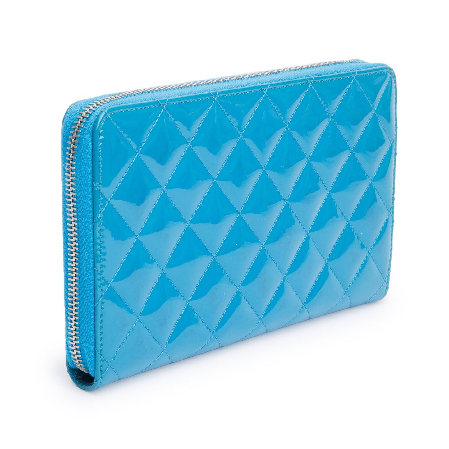 Chanel Blue Patent Leather Large Zip Around Organizer Wallet