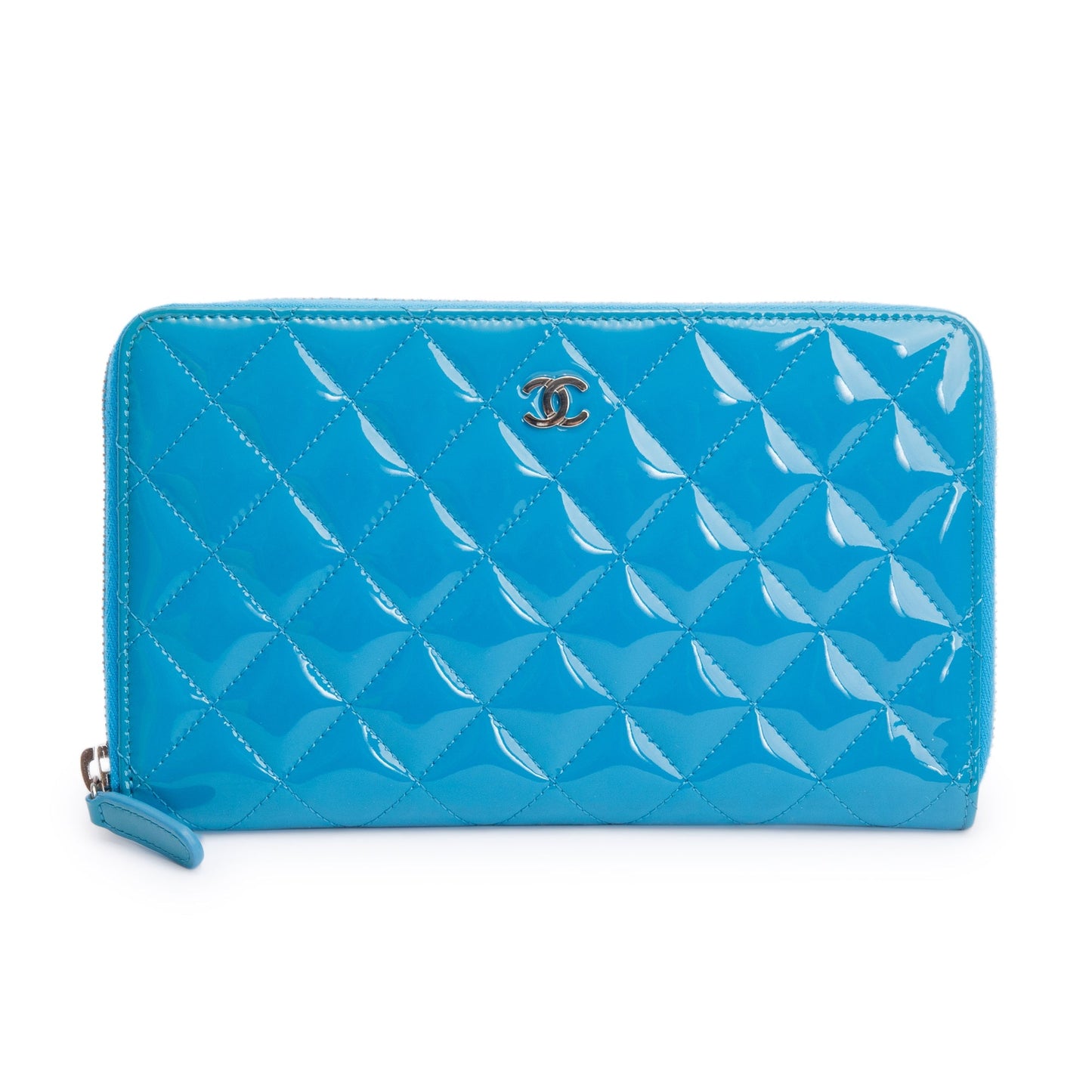 Chanel Blue Patent Leather Large Zip Around Organizer Wallet