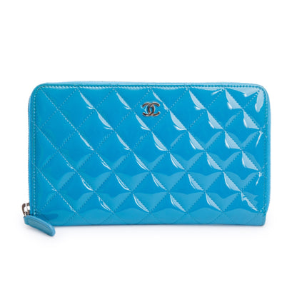 Chanel Blue Patent Leather Large Zip Around Organizer Wallet